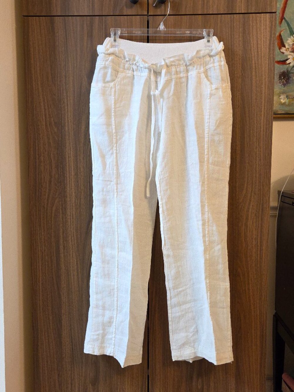 Italy Zuiki Brand sz S-M Linen White Pants Pockets Drawstring 4 Pockets Made in